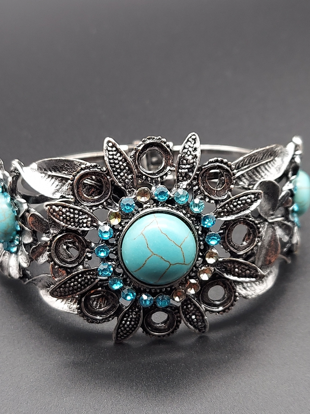 Turquoise Stone Floral Silver Cuff Bracelet